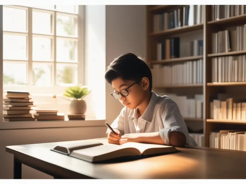 Niño concentrado y feliz estudiando en casa Niño concentrado en estudio en hogar con técnicas de enseñanza personalizadas (110 caracteres)