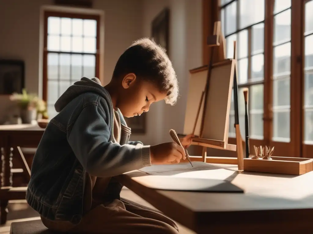 Niño pintando con concentración Niño creando arte con suministros, luz natural y foco en la educación en casa