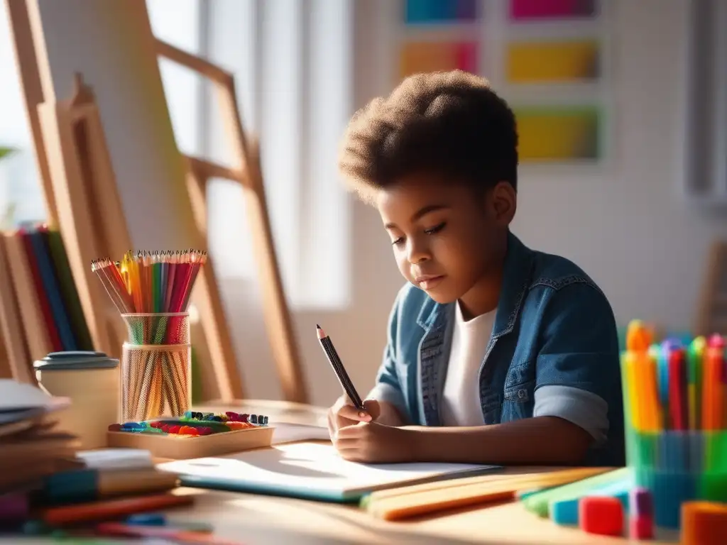 Niño creativo con materiales de arte Niño creando arte con suministros de alta calidad en un aula luminosa - Importancia suministros arte educación homeschooling