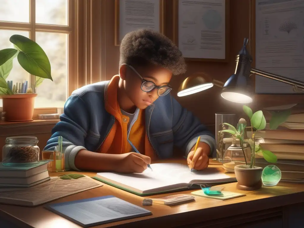 Niño estudiando biología con entusiasmo Niño estudiando biología en casa: Aprendiendo biología en casa