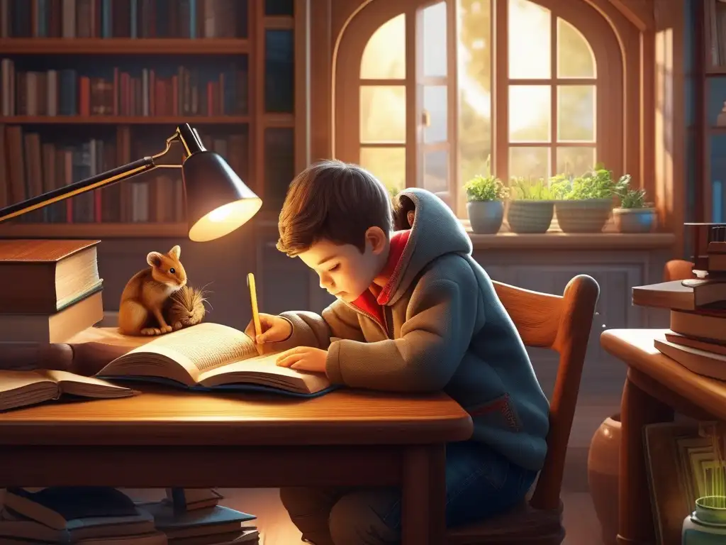 Niño aprendiendo biología en casa Aprendizaje biología homeschooling: niño 8 años, magnifying glass, libro ilustrado animales, luz solar, ambiente educativo