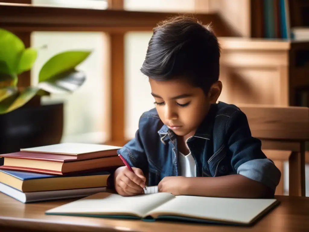 Niño estudiando en escritorio Niño estudiando con materiales educativos en un escritorio de madera - Técnicas enseñanza personalizadas homeschooling