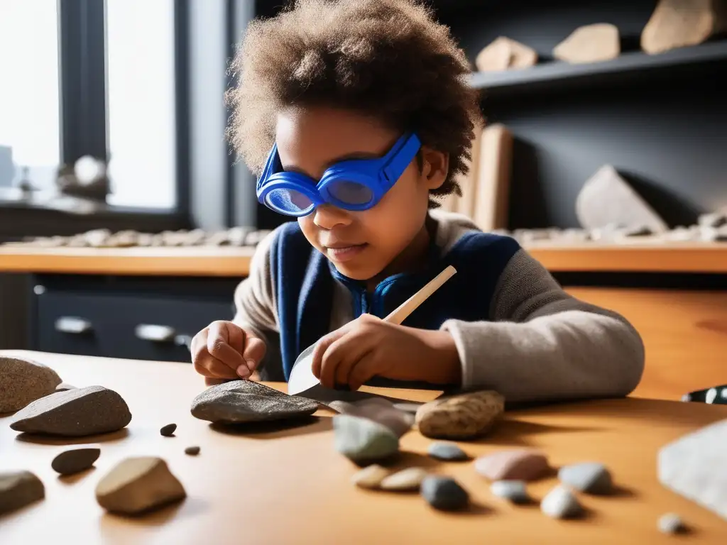Niño realizando experimentos geológicos en casa con seguridad y entusiasmo