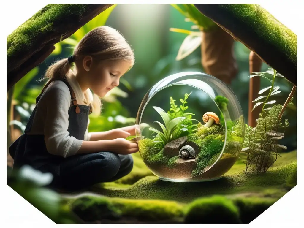 Niño maravillado explorando un ecosistema en un terrario Aprendizaje de biología en homeschooling: Niño observando un ecosistema vibrante en un terrario de vidrio