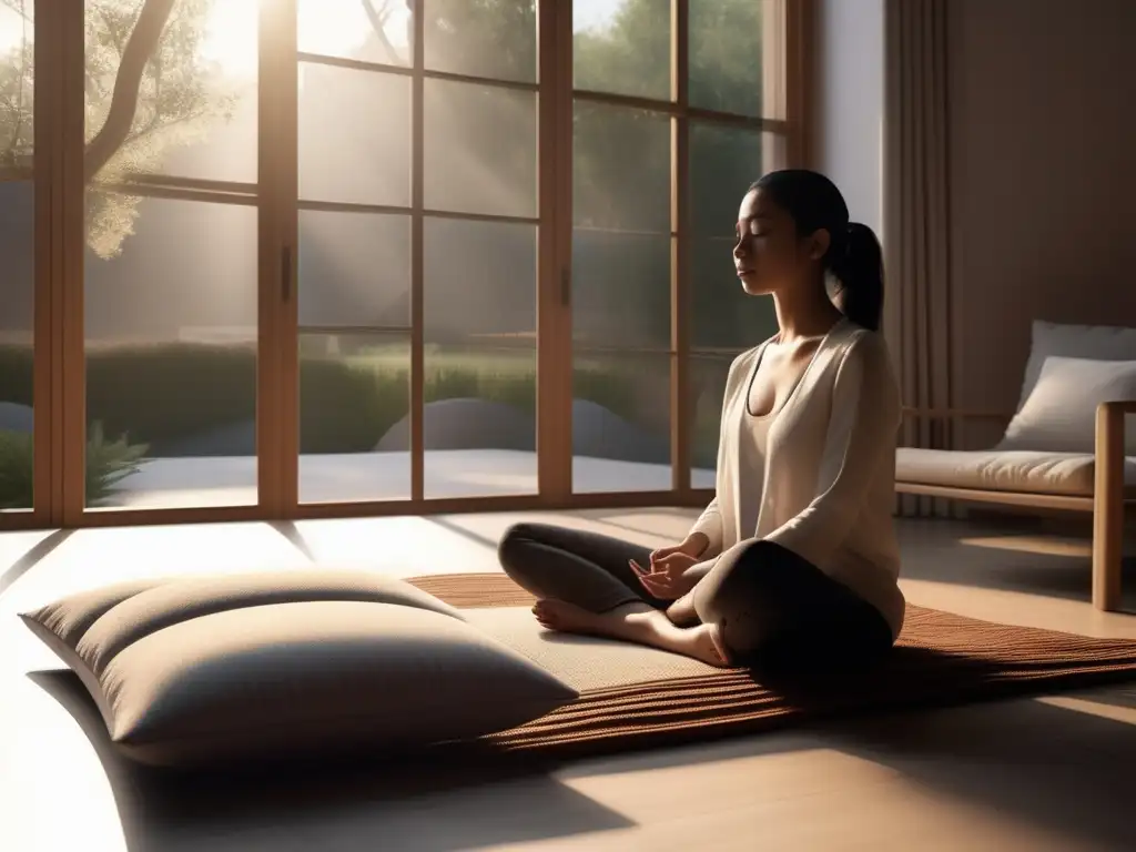 Niño meditando en un espacio sereno y minimalista Beneficios de la meditación para niños en homeschooling, imagen de serenidad y paz
