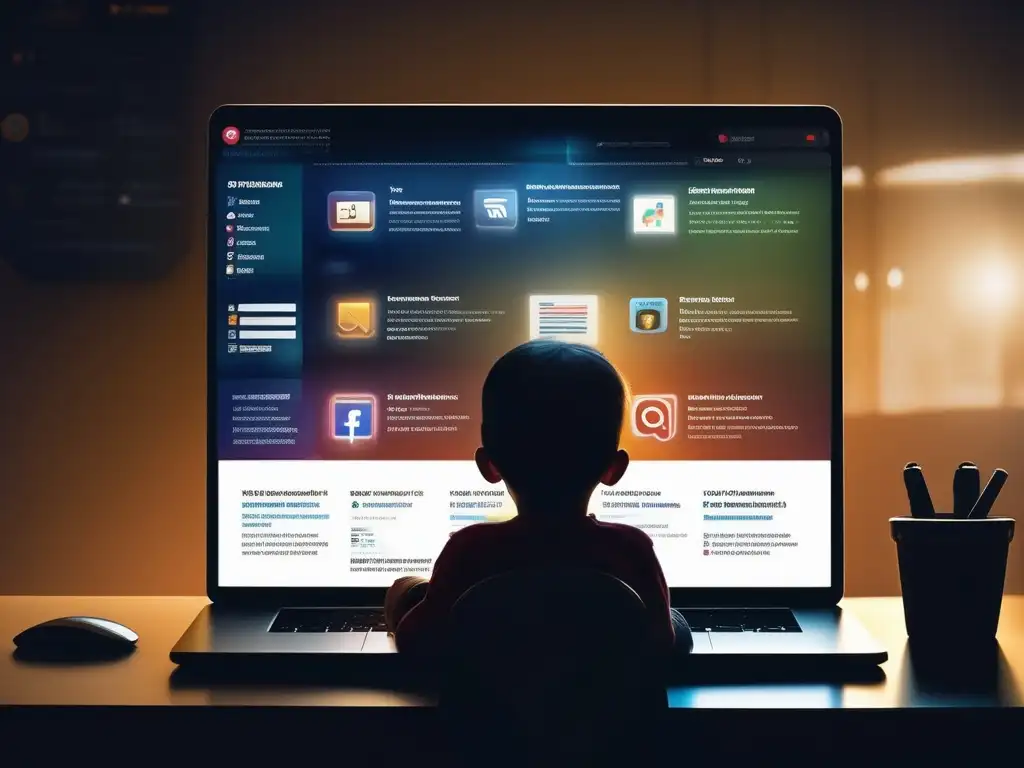 Niño protegido en el mundo virtual Riesgos privacidad homeschooling, niño frente a pantalla con protección y preocupación por riesgos online