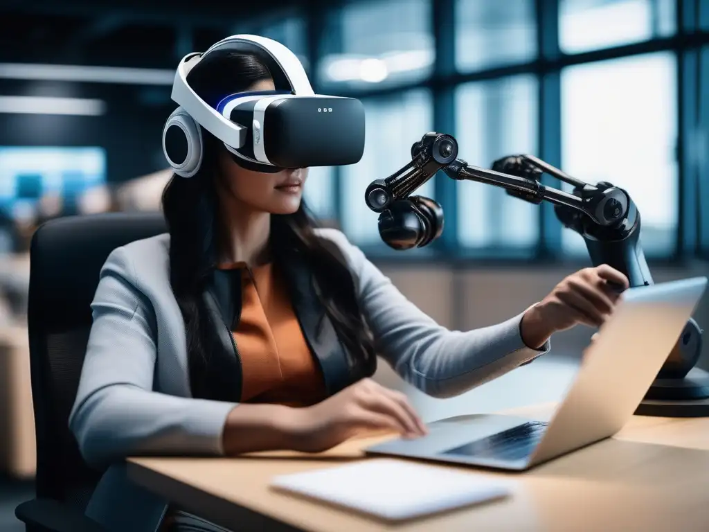 Un niño inmerso en un aula virtual con tecnología avanzada Niño en ambiente educativo con realidad virtual y herramientas educativas para homeschooling