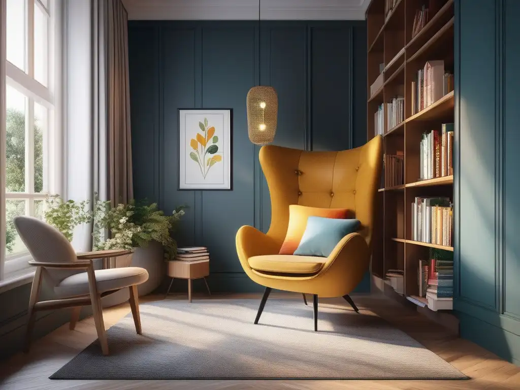 Rincón de lectura acogedor Exploración creativa de literatura infantil en una acogedora esquina soleada con una silla moderna y estantería llena de libros coloridos