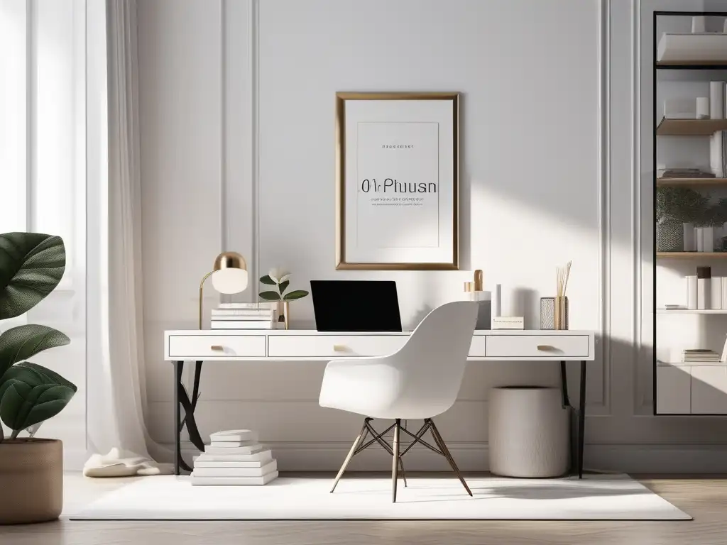 Elegante y minimalista oficina en casa Consejos para equilibrar tareas domésticas y homeschooling: oficina minimalista con escritorio de mármol blanco, laptop moderna y planta verde