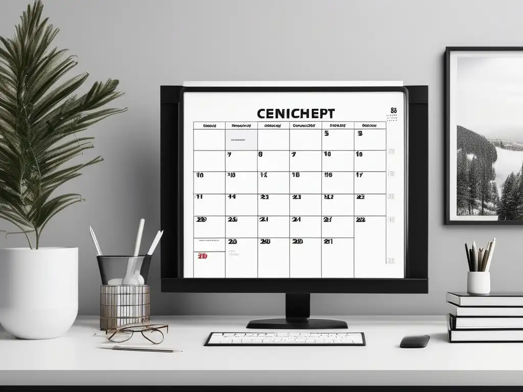 Espacio de trabajo en casa sereno y minimalista Foto de oficina en casa organizada con calendario y pizarra