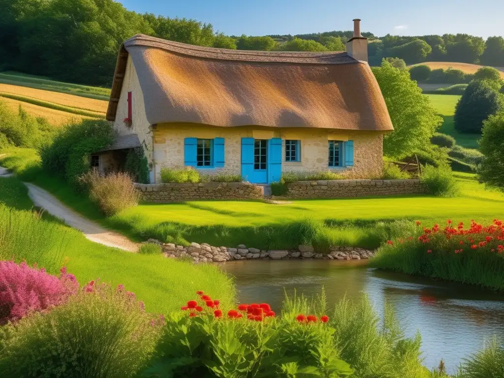 Hermoso paisaje campestre en Francia Paisaje campestre sereno en Francia con cabaña rustica, jardín colorido y arroyo