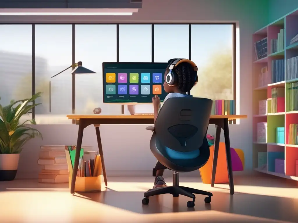 Aula virtual moderna y minimalista para estudiantes Estudiante en aula virtual con plataforma educativa innovadora (Plataformas educativas online homeschooling)