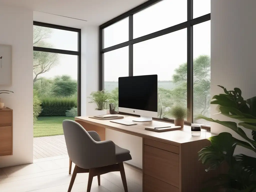 Espacio de trabajo en casa sereno y minimalista Espacio de trabajo minimalista y sereno con vistas al jardín - Consejos para equilibrar tareas domésticas y homeschooling