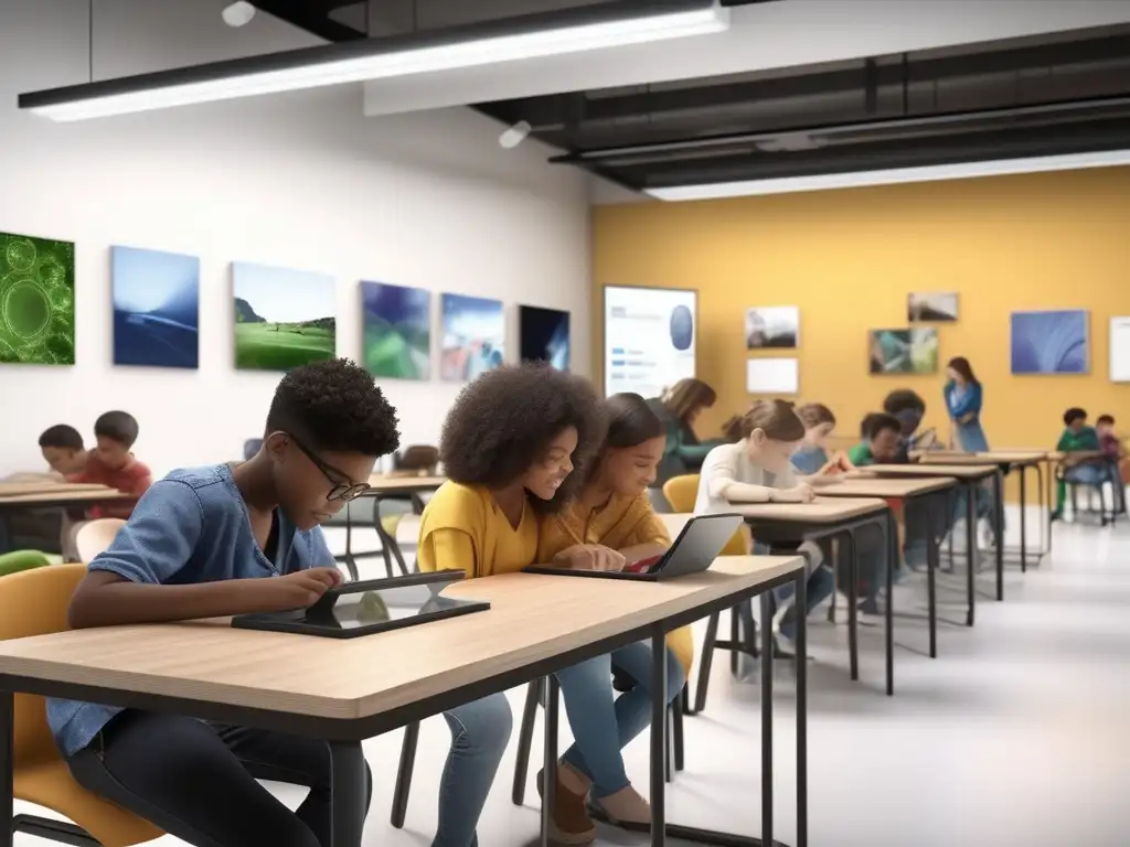 Aula STEAM: Integración de arte, tecnología y ciencia Técnicas de enseñanza STEAM con arte: grupo diverso de estudiantes realizando actividades artísticas y científicas en un aula luminosa y tecnológica