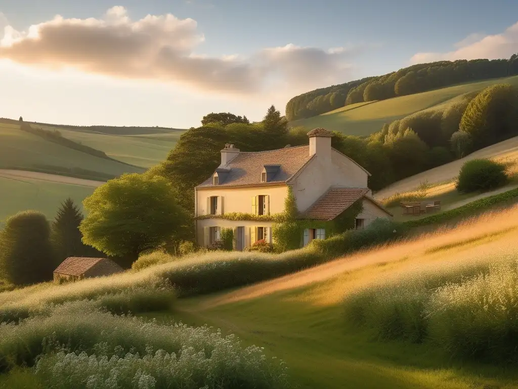 Hermosa casa en el campo francés Hermosa casa minimalista rodeada de colinas verdes y flores silvestres en el campo francés